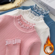 女童加绒钉珠毛衣冬装2023儿童蕾丝上衣女孩半高领针织打底衫