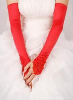 新娘手套婚纱手套加长款过肘大红色蕾丝，露指结婚手套