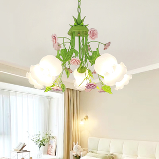 韩式田园风格玫瑰花朵吊灯欧式客厅灯温馨卧室灯绿色铁艺餐厅灯具