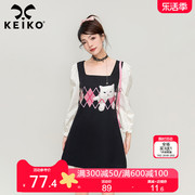 KEIKO 假两件方领连衣裙2024春季复古减龄菱格印花长袖裙子