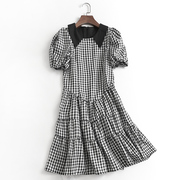 H830黑白格纹减龄娃娃领显瘦修身泡泡短袖夏季减龄女裙连衣裙