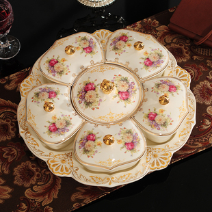 干果盘陶瓷分格带盖欧式糖果盒干果盒，客厅创意家用奢华现代水果盘