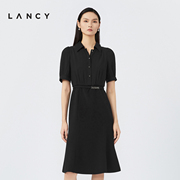 LANCY/朗姿2023夏季中长款收腰显瘦衬衫领短袖通勤连衣裙女