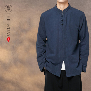 中国风男装春季盘扣长袖，衬衫中式亚麻衬衣，中华立领外套唐装居士服