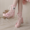 女童冬季高跟鞋儿童粉色，公主风马丁靴，中大童中筒靴小女孩加绒短靴