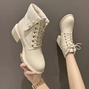 小香风短靴女2022年秋冬季韩版高跟女靴，百搭马丁靴粗跟单靴子