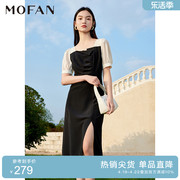 mofan优雅设计感法式茶歇连衣裙春夏性感开叉显瘦小黑裙