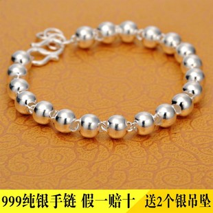s999纯银圆珠手链，女情侣足银珠子手链，宝宝儿童转运珠银饰礼物