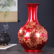 景德镇陶瓷器花瓶摆件中国红色，插花中式家居客厅，装饰品工艺品瓷瓶