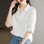 白衬衫女中袖2024夏装韩版v领套头上衣时尚优雅通勤气质纯棉衬衣
