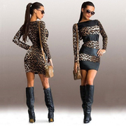 豹纹拼接长袖连衣裙女 Fashion Leopard Patch Long Sleeve Dress