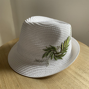 夏天白色绣花卷边小礼帽，女休闲草帽遮阳帽，沙滩海边度假帽子潮