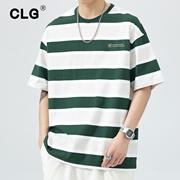 香港潮牌夏季美式短袖t恤男纯棉宽松圆领绿色条纹撞色潮流5分体恤