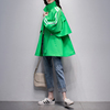 绿色立领风衣女2024春秋，韩版休闲百搭宽松显瘦拼接中长款外套