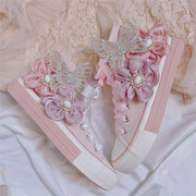 原创手工春甜美绑带帆布鞋仙女粉色梦幻花朵水钻平底单鞋复古板鞋