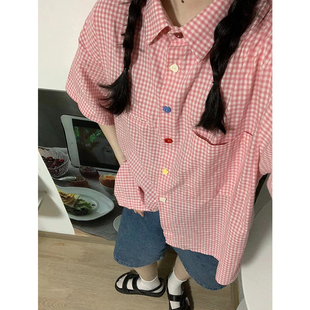 小众童趣日系格子衬衫，复古风彩色扣短袖，上衣polo衬衣女宽松设计感