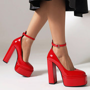 红色女单鞋14CM超高跟鞋防水台粗跟漆皮夜店鞋大码44 45 46 47 48
