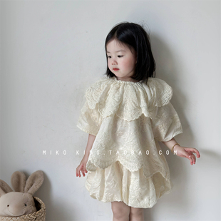 2024夏季韩版女童蕾丝娃娃衫，套装宝宝时髦花苞裤短裤两件套