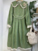 森女系甜美蕾丝娃娃领绿色碎花连衣裙复古田园风，棉麻裙子日系长裙