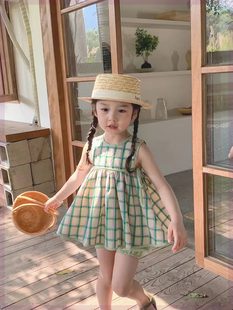 韩系女童夏日格子套装绿色小清新色织格纹娃娃衫背心裙短裤两件套