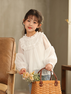 女童长袖衬衫秋季韩版女孩可爱泡泡，袖白色上衣，淑女打底衫雪纺衫