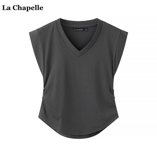 拉夏贝尔/La Chapelle夏季V领飞飞袖T恤女设计感无袖背心上衣