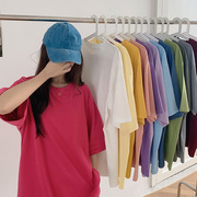 2021网红简约短袖韩版宽松糖果，色t恤女夏季纯色圆领上衣潮