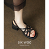 SIXWOO  棕色交叉带复古凉鞋女露趾皮带扣粗跟女鞋夏季高跟罗马鞋