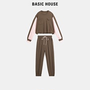 Basic House/百家好撞色卫衣套装女茶系一整套女2024束脚裤两件套