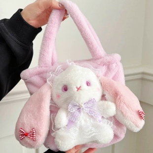公主兔兔儿童毛绒手提包可爱萝莉兔粉色托特包淑女风蕾丝手拎包