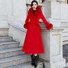 大红色西装领羊绒大衣女，2023冬季中长款羊毛呢子，外套厚真狐狸毛领