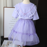 女童夏季梦幻优雅漂亮淡淡紫色，格子半身裙网纱裙小中大童