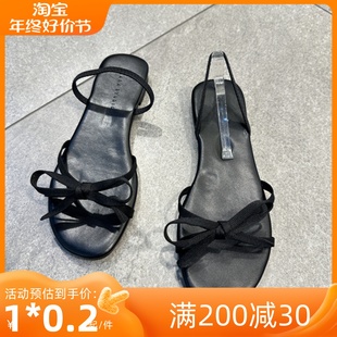 韩国足求东大门女鞋2023夏季露趾细带蝴蝶结黑色平底优雅凉鞋