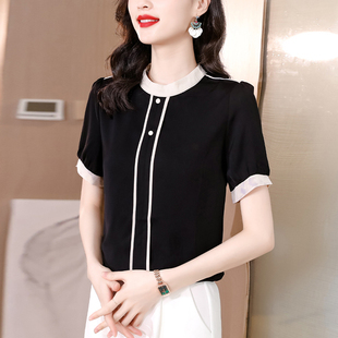 2022夏季韩版立领气质衬衫，女宽松显瘦大码雪纺短袖女黑色上衣