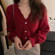 韩系波浪v领复古红色毛衣开衫，针织外套女秋冬宽松气质羊绒衫上衣