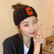 韩版时尚C字母护耳针织发带女日常外戴秋冬季毛线头带宽边束发带