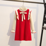 2023童红色连衣裙冬装，荷叶领针织毛衣，公主裙宝宝毛线裙子