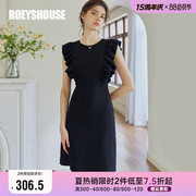 罗衣气质黑色小飞袖，连衣裙女2023夏装知性，拼接修身中裙06805