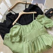 绿色雪纺一字并肩短袖连衣裙，法式淑女气质长裙时尚，洋气e￥20