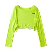 荧光绿色宽松短款落肩长袖，t恤女夏薄款微透圆领贴标上衣防晒罩衫