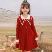 跨境女童连衣裙韩版时尚莫代尔红色大翻领钉扣洋气大童裙子