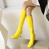 黄色高筒靴方头蓝色高跟女靴子猫跟漆皮高筒长靴大码43 44 45 46