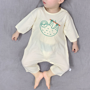 婴儿睡衣连体夏中袖薄款冰丝护肚家居服，宽松空调服1-3岁宝宝衣服