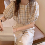 夏季女装韩版批发休闲泡泡短袖，格子衬衣清新宽松显瘦学生衬衫