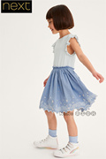 英国next女大童可亲子，蓝色刺绣花朵连衣裙纯棉无袖c32-298