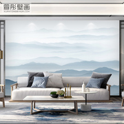 新中式意境水墨山水壁画客厅电视，背景墙壁纸蓝色，抽象卧室大气墙布