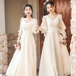 香槟色法式伴娘服女2024春季长袖婚礼仙气姐妹团礼服平时可穿