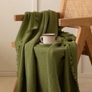 a类墨绿褶皱流苏毛巾被夏季薄款纯棉四层纱布被子柔软床单毛盖毯
