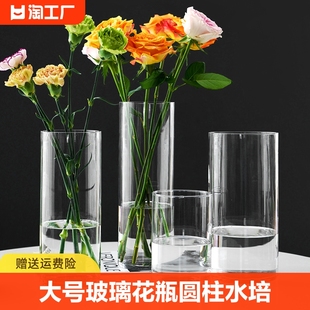 大号玻璃花瓶圆柱水培水养，富贵竹直筒落地插花摆件台面桌面大气