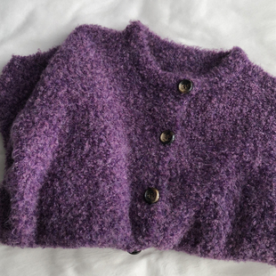 含羊毛/玳瑁扣 花线圈圈纱紫色圆领短款开衫毛衣女百搭灯笼袖上衣